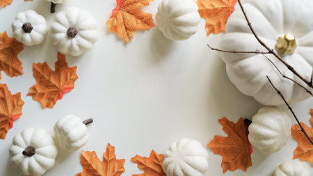 Close-up of pumpkins, orange maple leaves, twigs on white background, top view, flat lay, copy space. The concept of the beginning of autumn, fall atmosphere, mood.Beautiful autumn bannerの写真素材