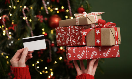 Hands of a woman in a red sweater holding a credit card and a gift box on the background of a Christmas tree close-up. Christmas and New Year shopping online, credit card payment. Buying gifts onlineの写真素材