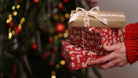 Female hands in red sweater hold Christmas New Year gift box on background of Christmas tree.Giving gifts for holidays.Christmas holidays celebration concept,gifts for family,friends.Winter banner.の写真素材