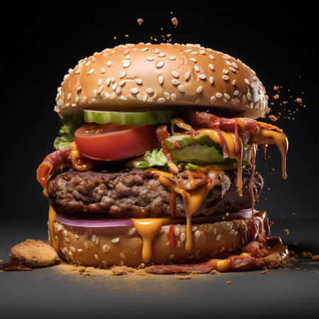 Large tasty beef or pork hamburger, cheeseburger on a dark gray-black background. Street food, fast food. Junk foodの素材