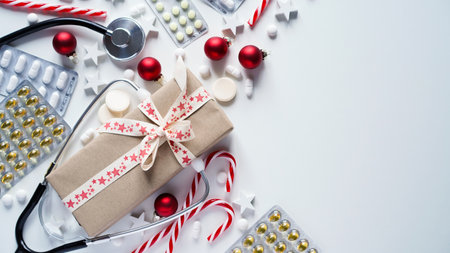 Christmas medical banner.Close-up of stethoscope,gift box,stripped lollipops,red balls,stars and pills on white background,top view,flat lay,copy space.New Year's medicine, congratulations to doctorの写真素材