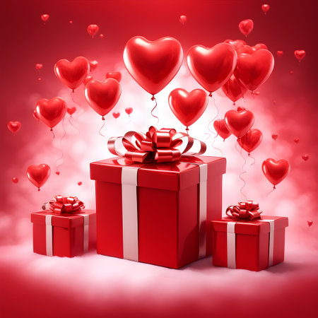 Three beautiful red gift box with big bow and heart-shaped balloons on white-red background. Valentine's Day gift, holiday surprise, declaration of love. Valentine's Day card conceptの素材