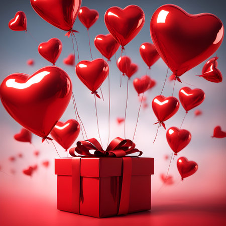 Beautiful shiny red gift box with big bow and heart-shaped balloons on blue-red background. Valentine's Day gift, holiday surprise, declaration of love. Valentine's Day card concept. Celebrities.の素材