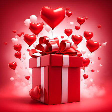 Valentine's Day card concept. Beautiful red gift box with big bow and heart-shaped balloons on white-red background. Valentine's Day gift, holiday surprise, declaration of loveの素材