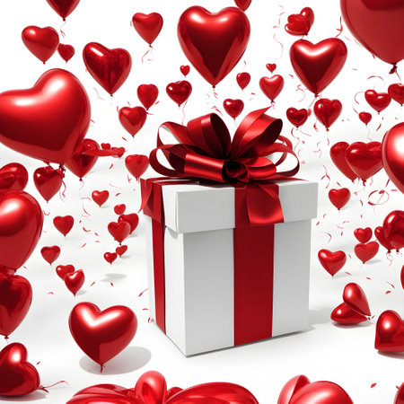 Beautiful white gift box with red big bow and heart-shaped balloons on white background. Valentine's Day gift, holiday surprise, declaration of love. Valentine's Day card concept. Celebrationの素材