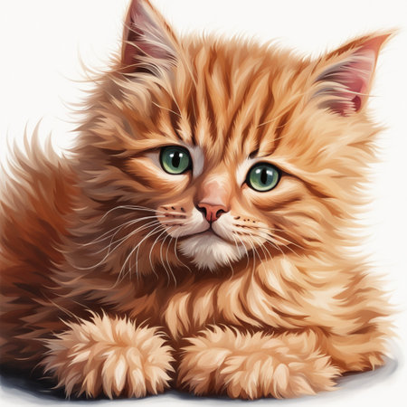 Red fluffy cute kitten sitting on white background. Cute animal in cartoon style. Beautiful illustration of a kitten, drawing of a pet, cat. Love for petsの素材