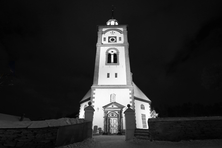 Old wooden church in the norwegian town Roeros, B&Wの写真素材