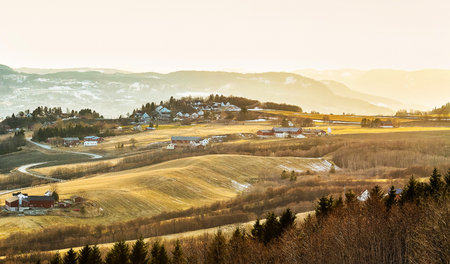 Aerial view of the agricultural area Byneset located near the norwegian city Trondheim. Spring in Norway.の写真素材