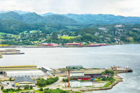Aerial view of the namsen fjord and industrial (sawmill) area in the norwegian town Namsos