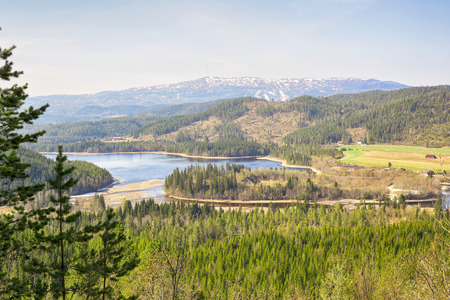 Aerial view of the lake Selbu and the mountain Vassfjella located near the Norwegian city Trondheimの写真素材