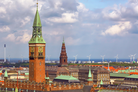 Aerial view of the Town Hall tower and the roofs of the historical buildings in the danish capital Copenhagenの写真素材