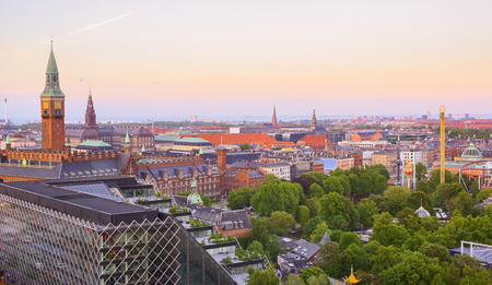 Aerial view of the old historical town in the danish capital Copenhagen during summer sunsetの写真素材