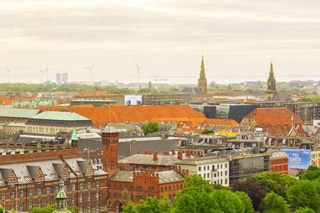 Aerial view of the danish capital Copenhagen in the foggy sunsetの写真素材