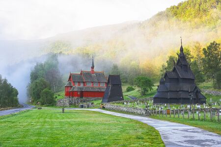 Borgund stave church located in the municipality of Laerdal, Norwayの写真素材