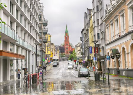 Bergen, Norway 07/18/2019 The street Torgallmenningen in the Norwegian city Trondheim in the rainy weatherのeditorial素材