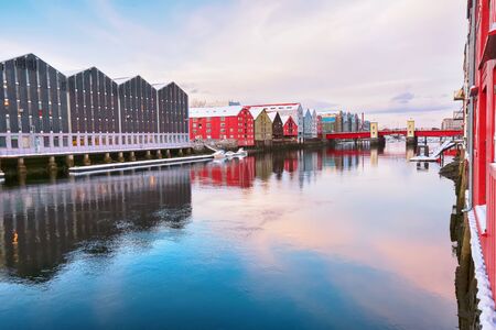 River Nidelva and the Bridge Bakke Bru in the Norwegian city Trondheim in the winter 