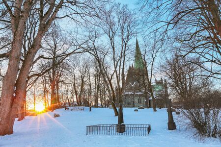 Snowy Cathedral Nidarosdomen at the winter sunset