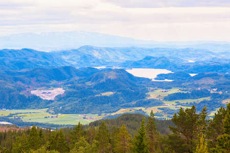 Aerial view from the top of the mountain Vassfjella located near the city Trondheim