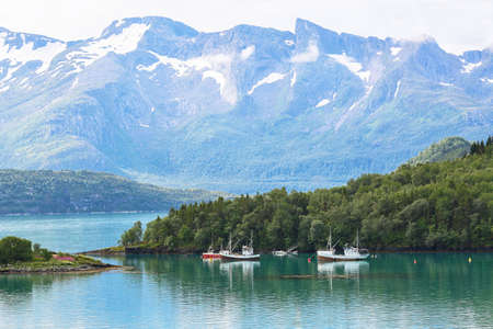 Norwegian coast, view of the fjord at the town Oernes