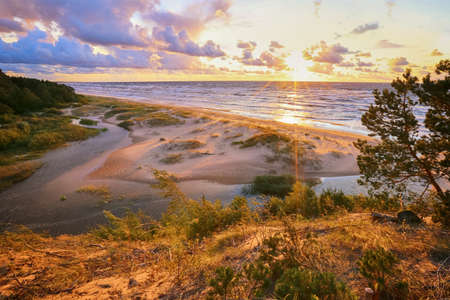 Colorful summer sunset at the beach Saukrasti, the popular touristic area in Latviaの写真素材