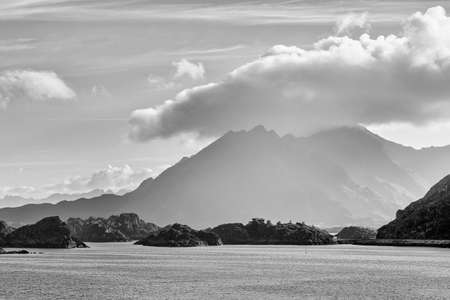 Lofoten islands mountains near the town Stamsund, black&whiteの写真素材