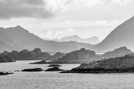 Lofoten islands mountains near the town Stamsund, black&whiteの写真素材