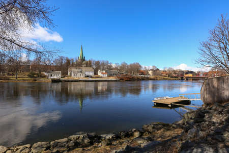 Spring in Trondheim, view of the river Nidelva and the cathedral Nidarosdomen