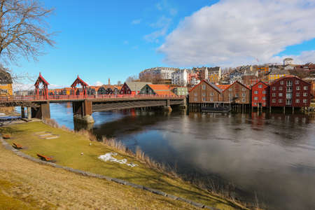 Spring in Trondheim, view of the river Nidelva and The Old Bridhe ( Den gamle Bybro) in historical...