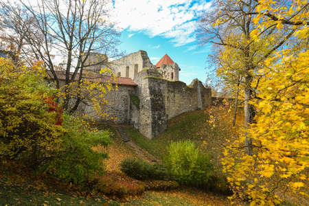 Autumn park and abandoned castle in the latvian town Cesis, which  has a history of more than 800 years and is one of the best-preserved medieval cities in the Baltics.のeditorial素材