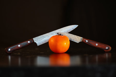 Knives cutting tomato on the wooden board with black backgroundの写真素材
