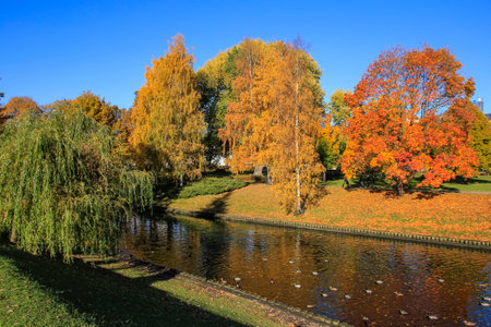 Indian summer in Riga, the capital of Latvia. View of the city channel.の写真素材