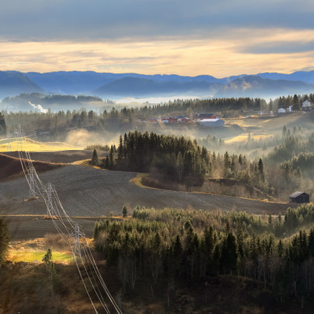 Foggy sunset in November in the village Bratsberg located in Trondheim municipality, Norwayの写真素材