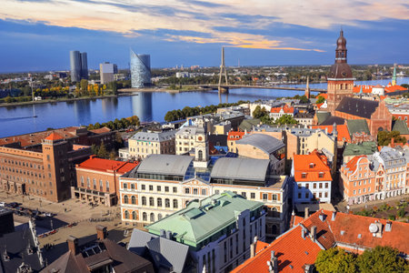 fall in Riga, aerial view of the historical downtown and the river Daugava n the capital Riga,...