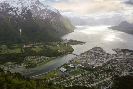 The Norwegian town Aandalsnes is located at the mouth of the river Rauma and at the shores of the Romsdalsfjord.の写真素材