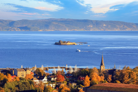 Aerial view of the island Munkholmen located in Trondheim fjordの写真素材