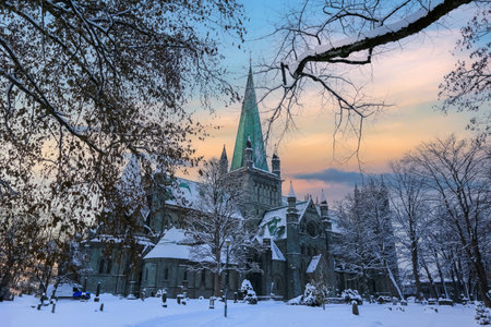 Winter in Trondheim, view of the cathedral Nidarosdomenの写真素材
