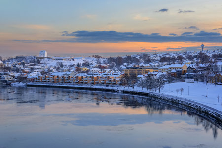 Winter in Trondheim, view of the river Nidelva and residential district Bakklandetの写真素材