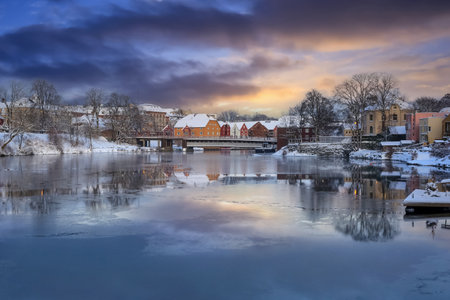 Winter in Trondheim, view of the river Nidelva and The Old bridge ( Den Gamle Bybru)の写真素材