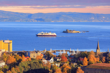 Autumn in Trondheim, aerial view of the Trondheim fjord and the island Munkholmenの写真素材