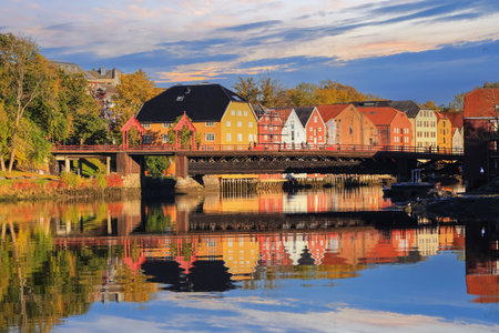 Autumn in Trondheim, view of the river Nidelva and The Old Bridge ( Den Gamle Bybru) in the Norwegian city Trondheimの写真素材