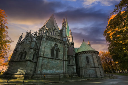 Autumn in Trondheim, view of the cathedral Nidarosdomenの写真素材