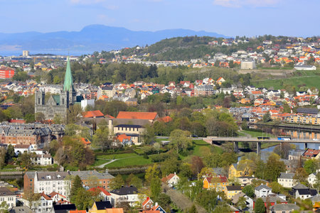 Spring in Trondheim, aerial view of the historical downtown and the cathedral Nidarosdomen in...