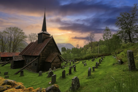 Roedven Stave Church  is a former parish church   of the Church of Norway in Rauma Municipality in Moere og Romsdal county, Norway.の写真素材