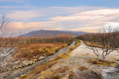 Autumn at the lake Gjevillvatnet located in Troendelag county in the mountains area Trollheimen,...