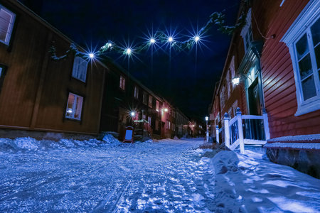 Nightly Roeros. Roeros  is a municipality in Troendelag county, Norway and also the mining town (UNESCO World Heritage Sites)の写真素材