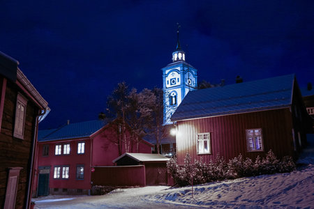 Nightly Roeros. Roeros  is a municipality in Troendelag county, Norway and also the mining town (UNESCO World Heritage Sites)の写真素材