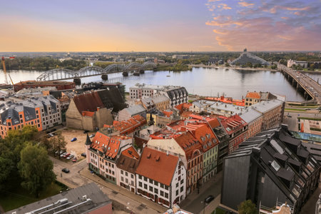 Aerial view of the river Daugava and historical downtown in the capital Rigaの写真素材