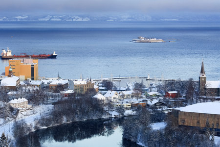 Aerial view of the Norwegian city Trondheim, Trondheim fjord and the river Nidelva in the winter