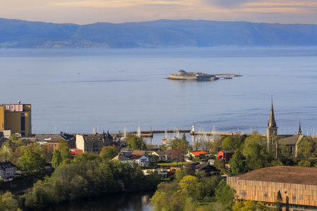 Spring in Trondheim, aerial view of Trondheim fjord and the island Munkholmenの写真素材