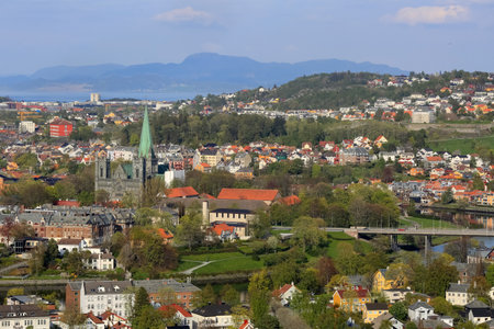 Spring in Trondheim, aerial view of historical down town and the cathedral Nidarosdomenの写真素材